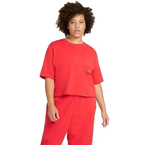 Nike • Solid Red Semi Cropped Swoosh Tee Shirt - Picture 1 of 10